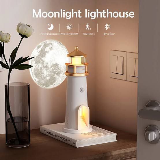 Moon Lamp Projector Night Light, Lighthouse Decor Night Light, Moon Light Galaxy Projector Lamp, Music Motion Sensor Moonlight Lamp,Rechargeable LED Aesthetic Table Lamp Xmas Birthday Gifts