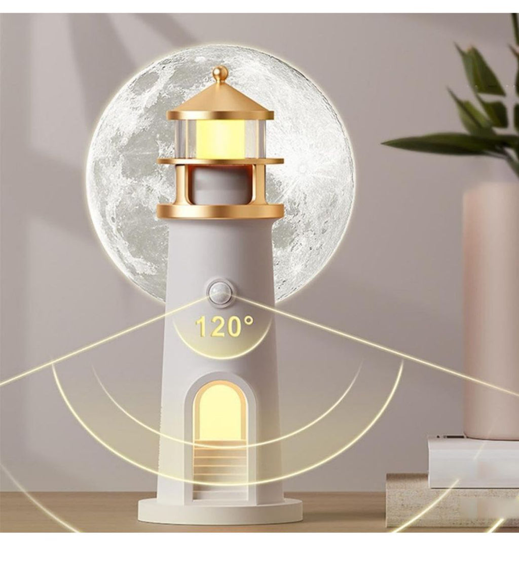 Moon Lamp Projector Night Light, Lighthouse Decor Night Light, Moon Light Galaxy Projector Lamp, Music Motion Sensor Moonlight Lamp,Rechargeable LED Aesthetic Table Lamp Xmas Birthday Gifts
